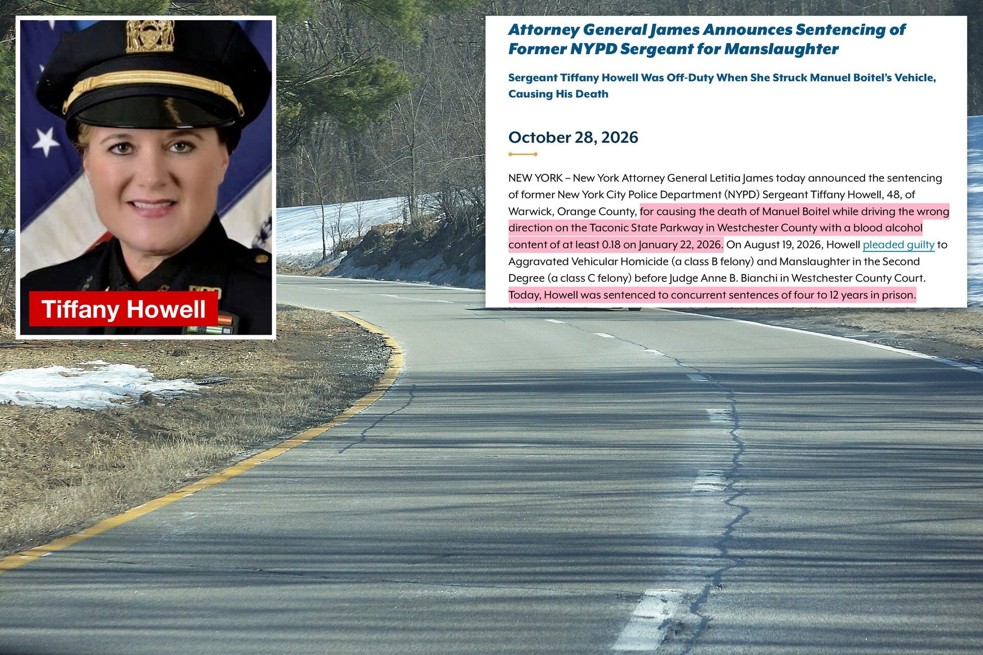 Drunk ex-NYPD sergeant who killed doorman in wrong-way Taconic crash gets 4 to 12 years, though AG wanted up to 18