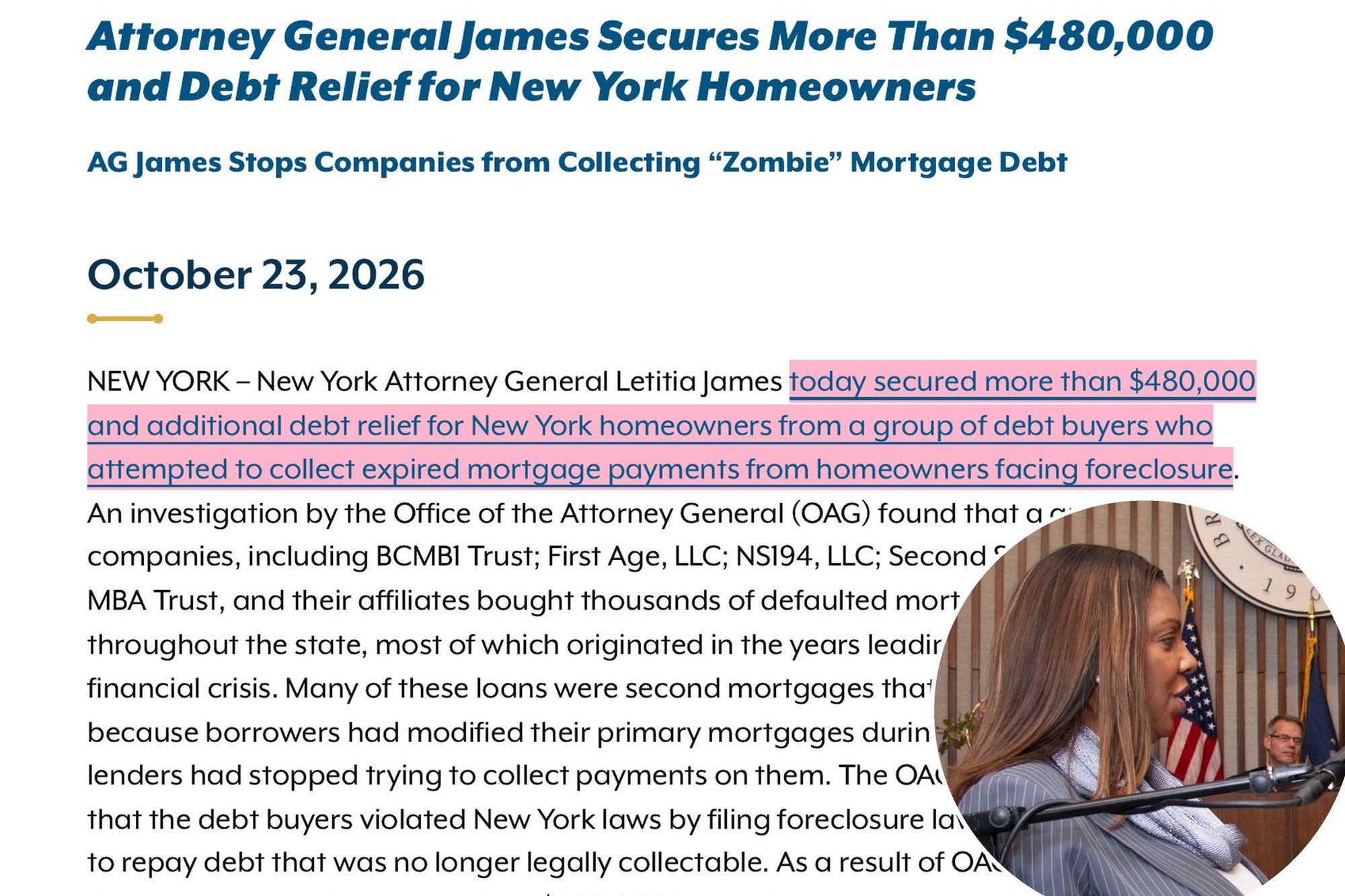 AG James makes ‘zombie mortgage’ debt buyers pay $480K for chasing NY homeowners facing foreclosure