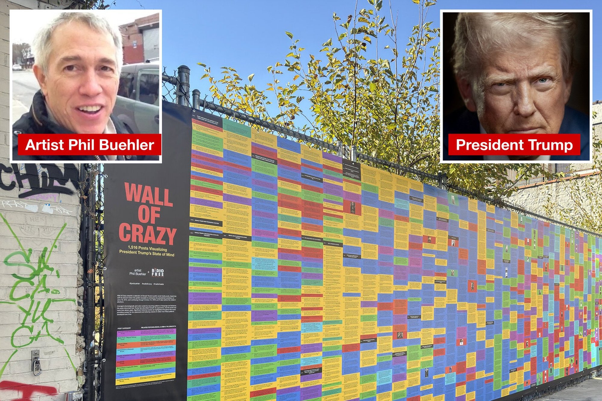 Bushwick artist hangs 1,516 Trump posts on a Grattan St. fence and calls it the ‘Wall of Crazy’