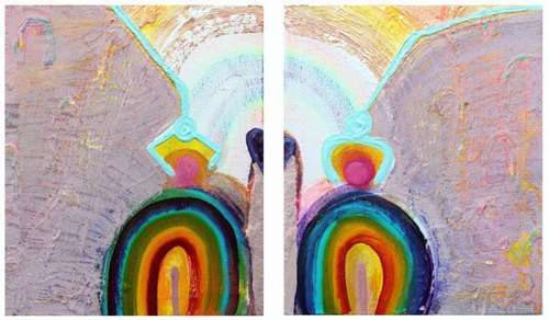 Lauren Britton, "Rainbow Rainbow," 2014, Acrylic and Flasche on Canvas, Diptych, each 12 x 10 inches (Photo Courtesy of Associated Gallery)