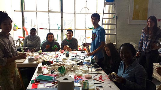 Arts in Bushwick High School fellows attend a 3D workshop on paper sculptures at 56 Bogart. Photo Courtesy of AiB Community Projects Group