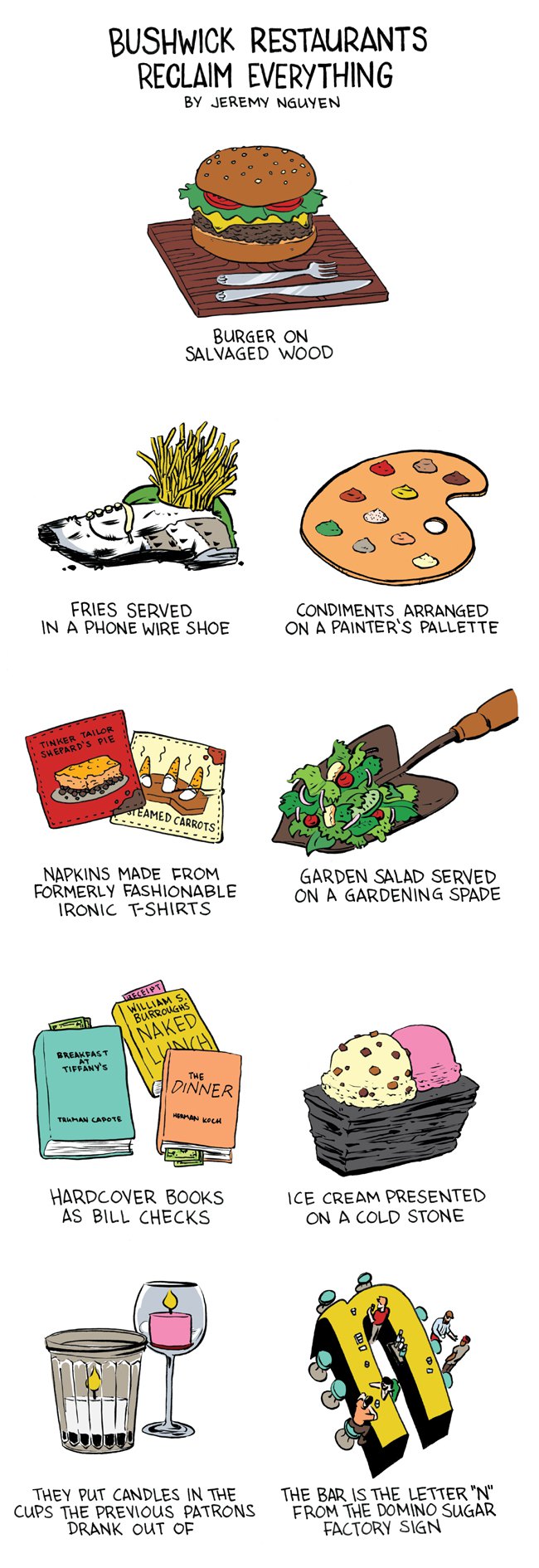 Bushwick Restaurants Reclaim and Salvage Everything!: a comic by Jeremy Nguyen