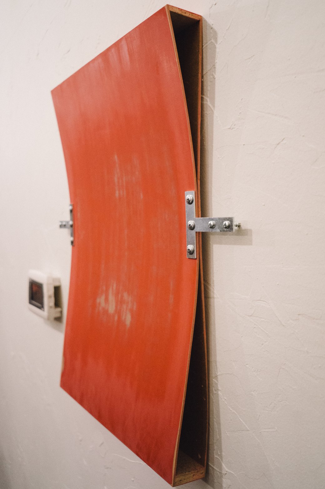 Ryan Blackwell, End Table, 2012, modified hollow core furniture, mending plates, hardware, 21.5 x 19.25 x 2 inches (All photos courtesy of Bart Kosc for Bushwick Daily)