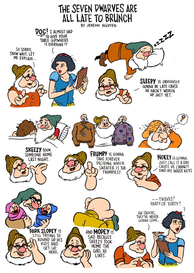 The Seven Dwarves Are Late To Brunch: a comic by Jeremy Nguyen