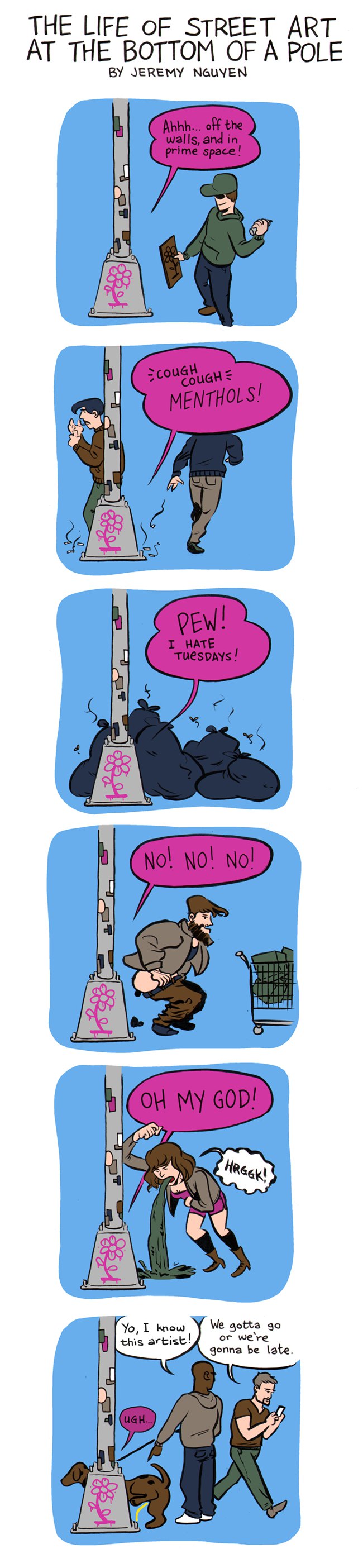 The Life of Street Art at the Bottom of a Pole: a comic by Jeremy Nguyen