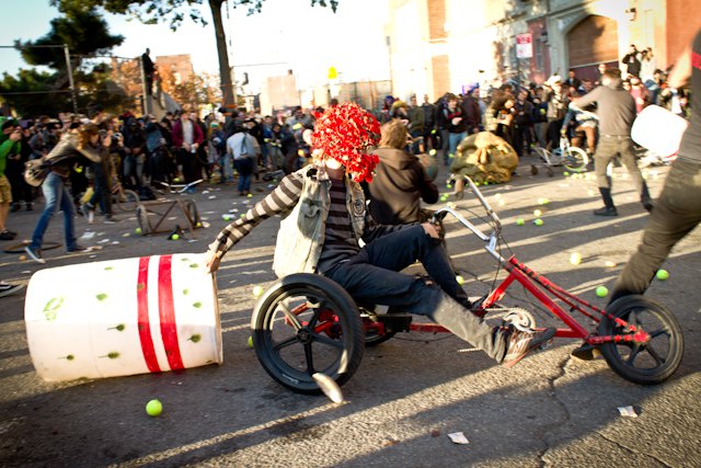 This barrel may or may not have been flung at another rider moments after this was taken. Photography by Timothy Skehan for Bushwick Daily.
