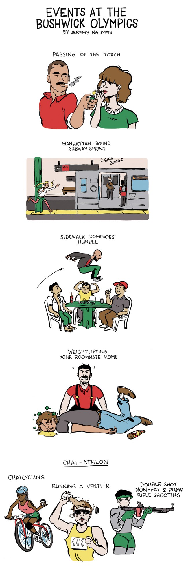 Events at the Bushwick Olympics: a comic by Jeremy Nguyen