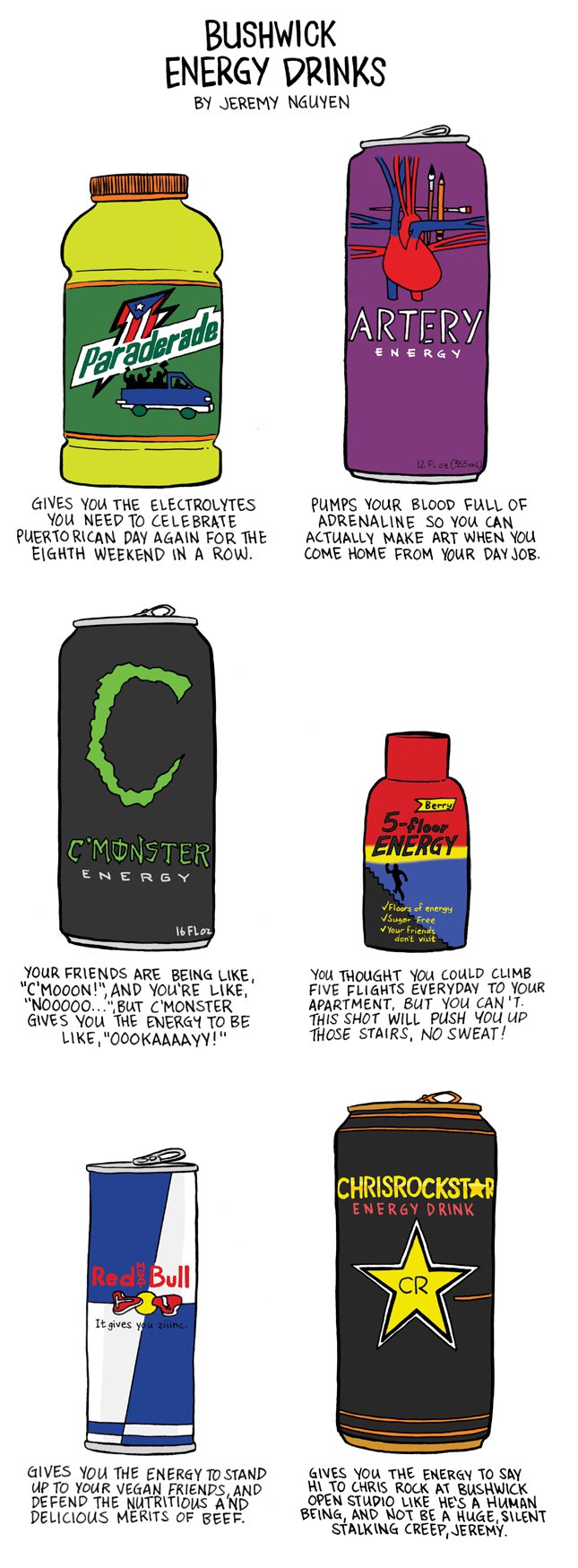 Is Bushwick Making You Tired? Try These Energy Drinks!: a comic by Jeremy Nguyen
