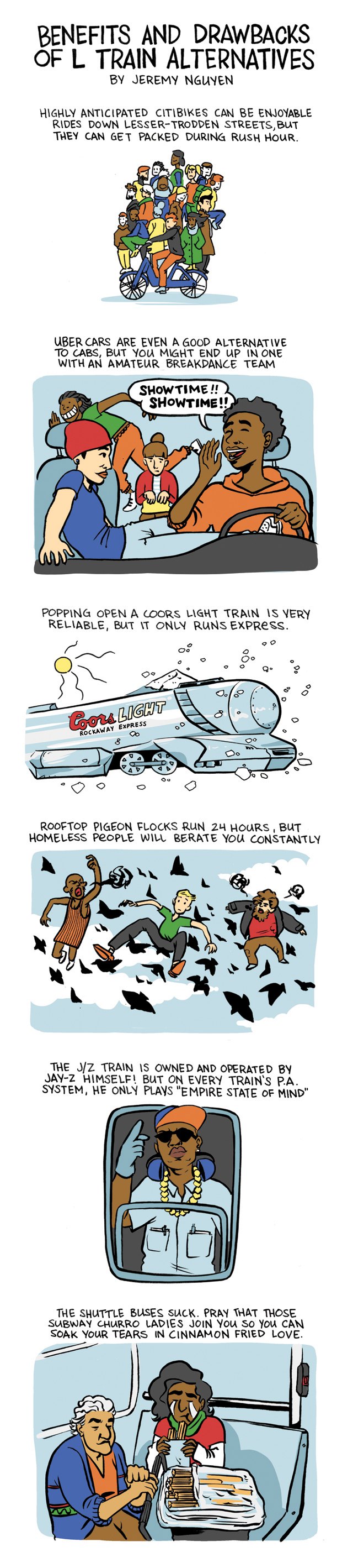 Benefits and Drawbacks of L Train Alternatives: a comic by Jeremy Nguyen