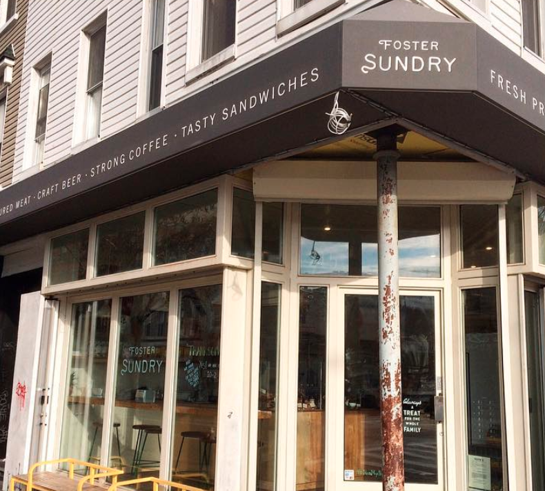 Storefront of Foster Sundry, the butcher, grocer, cheese counter and cafe on Knickerbocker Avenue. 