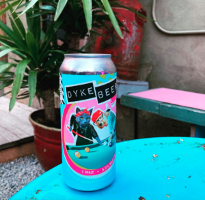 A can of Dyke Beer, a saison ale with notes of bubblegum and white pepper. 