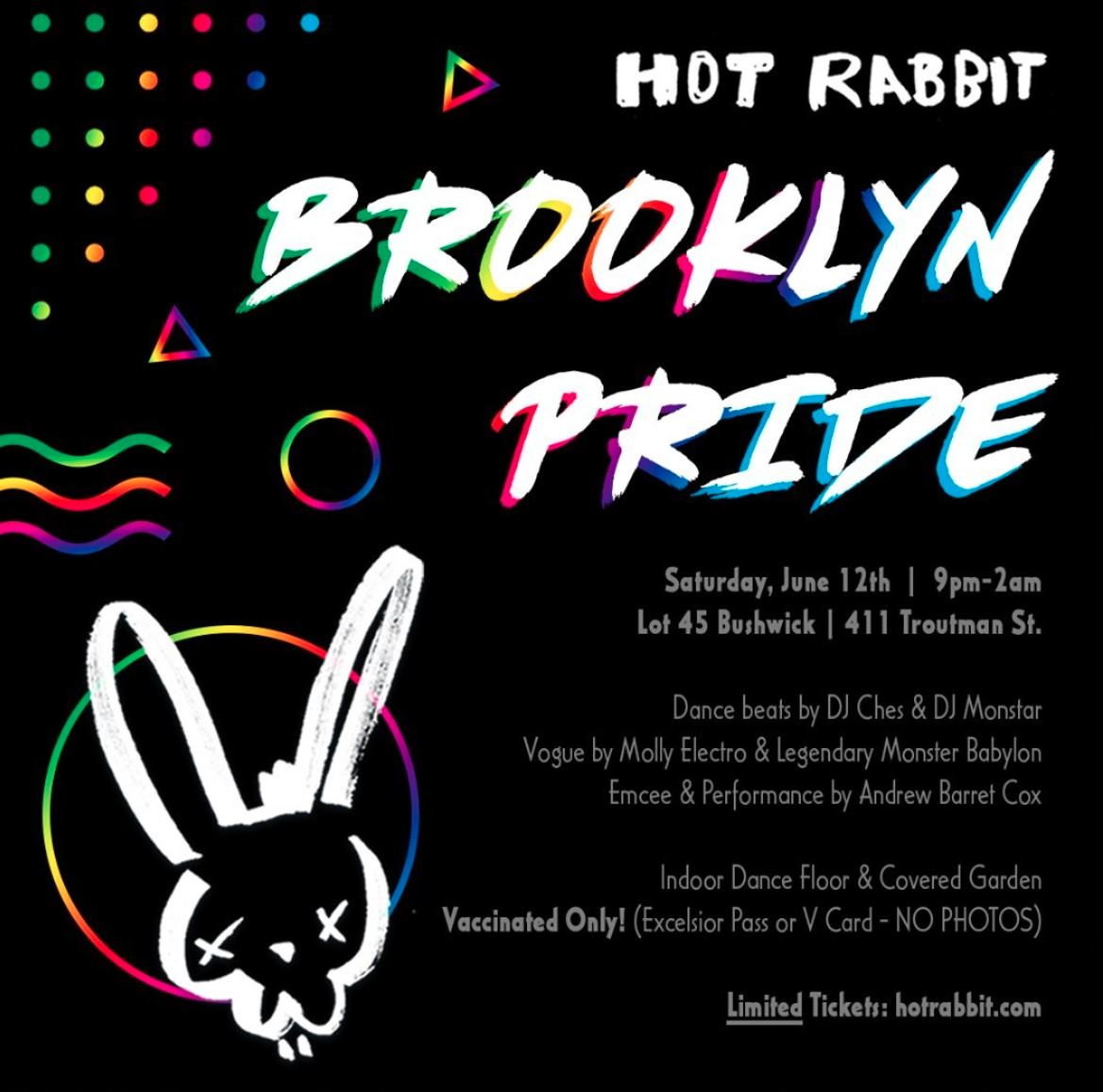 Flyer for Hot Rabbit's 2021 Brooklyn Pride dance party at Lot 45