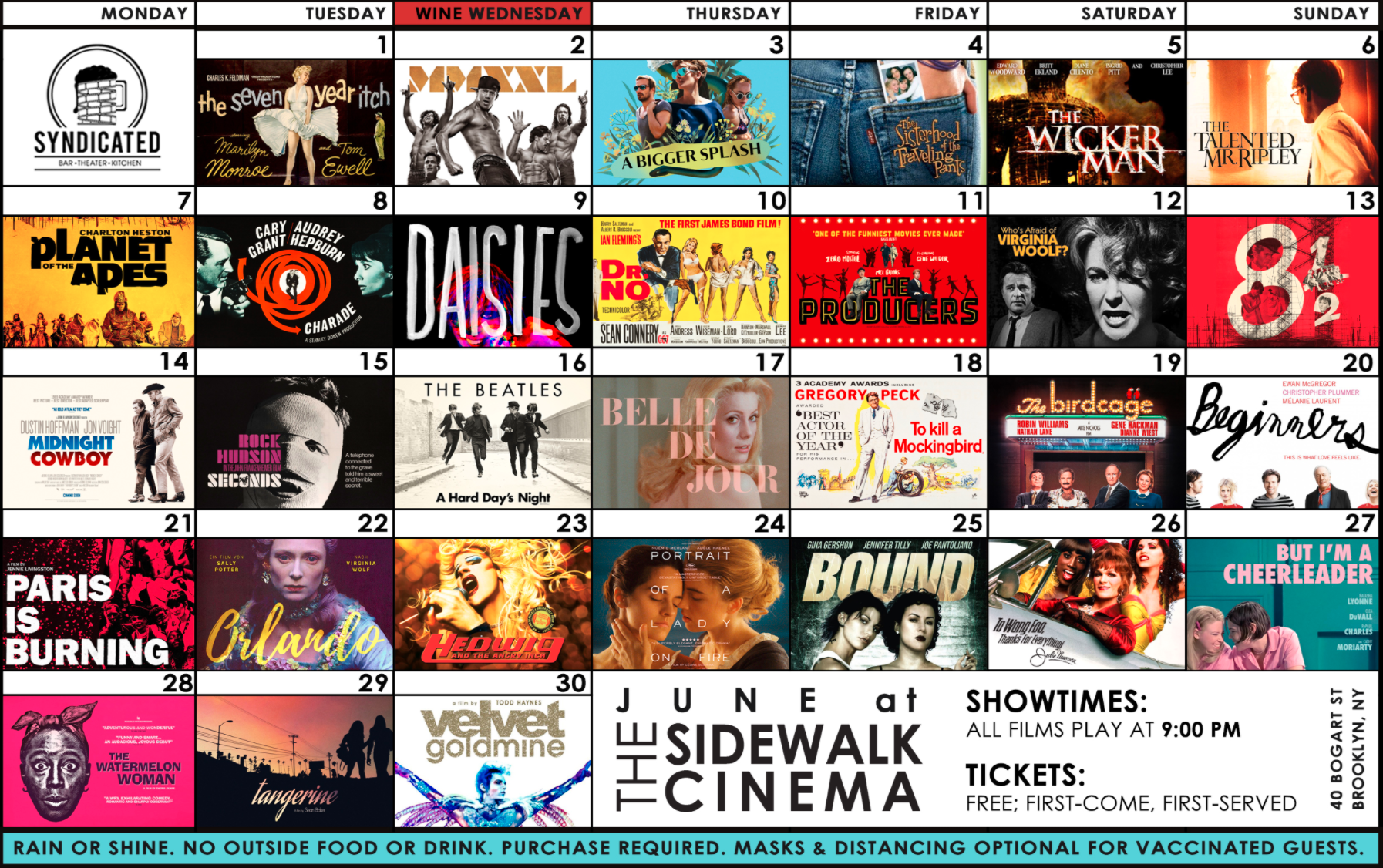 A graphic of all of the movies being shown at Syndicated in June 2021.