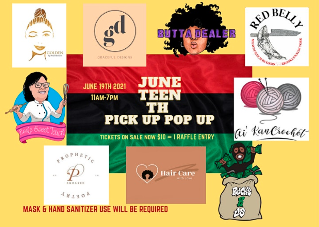 A flyer for Juneteenth Pick Up Pop Up, a pop up full of goods, treats and services provided by local Black-owned small businesses.