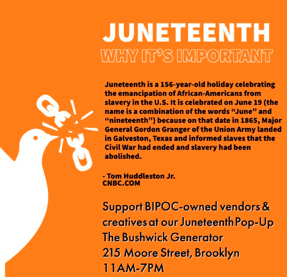 Flyer for SUN's Juneteenth Pop-Up, a pop-up market featuring goods and works made by BIPOC vendors and creatives. 