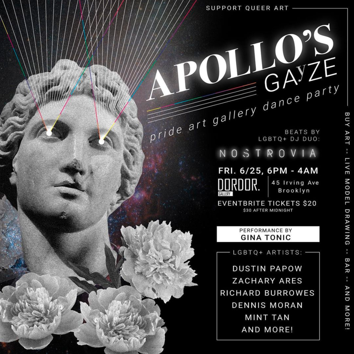 A flyer for a Pride art gallery dance party at DorDor Gallery