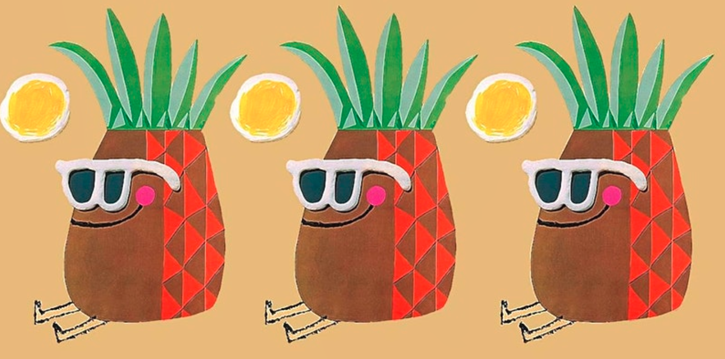 Three anthropomorphized pineapples in sunglasses sitting in the sun.