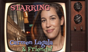 Brown-haired woman on a television screen showing opening credits with event information.