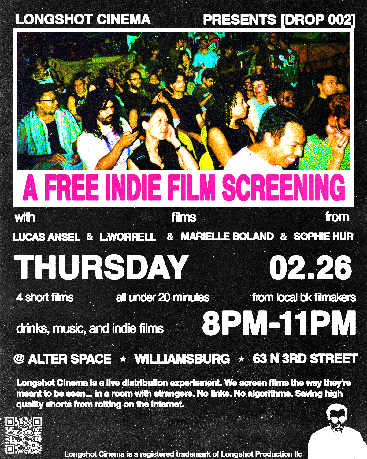 LONGSHOT CINEMA DROP 002 event flyer featuring films from Lucas Ansel, L. Worrell, Marielle Boland, and Sophie Hur