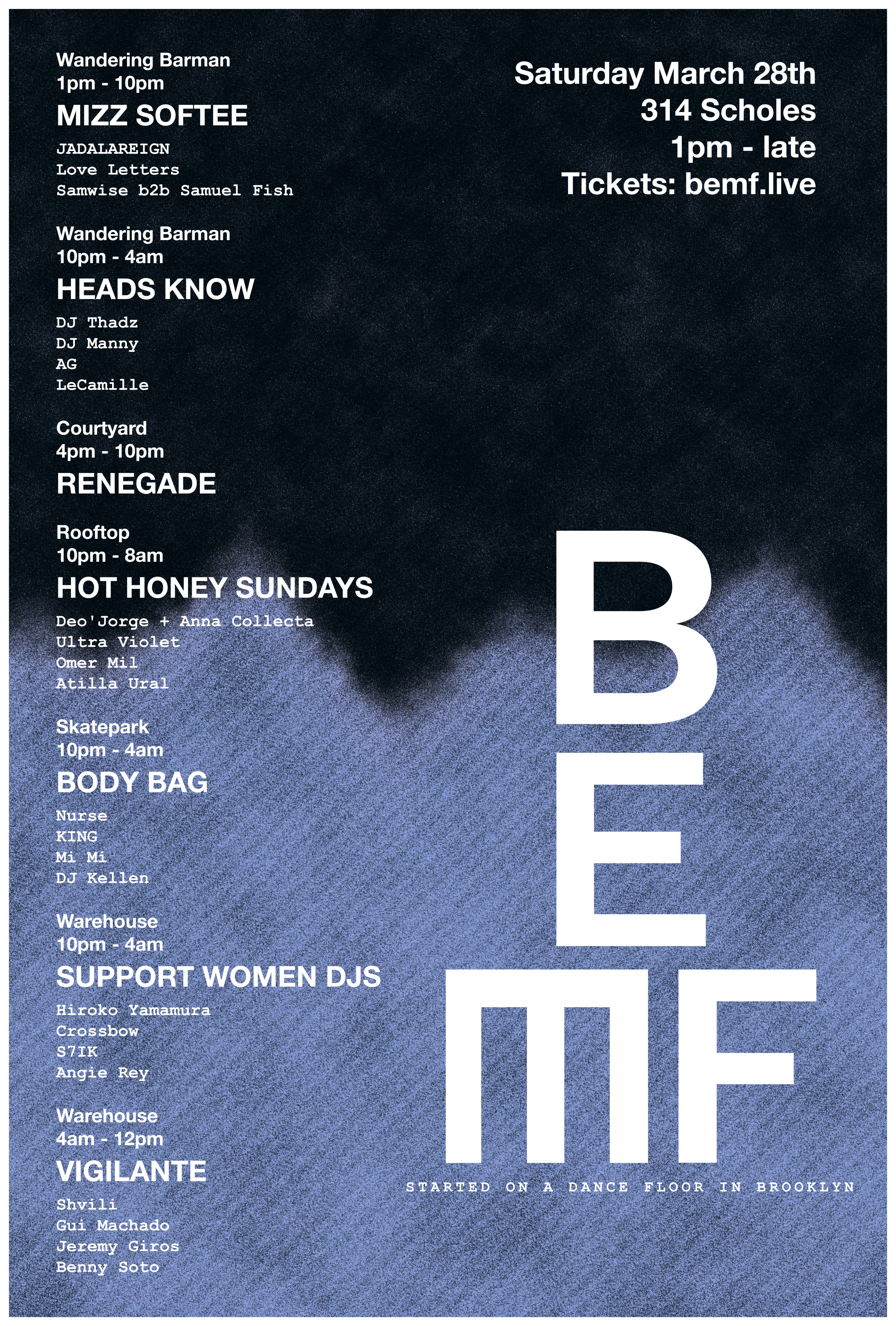 BEMF 2026 event poster showing full lineup with seven showcases and set times