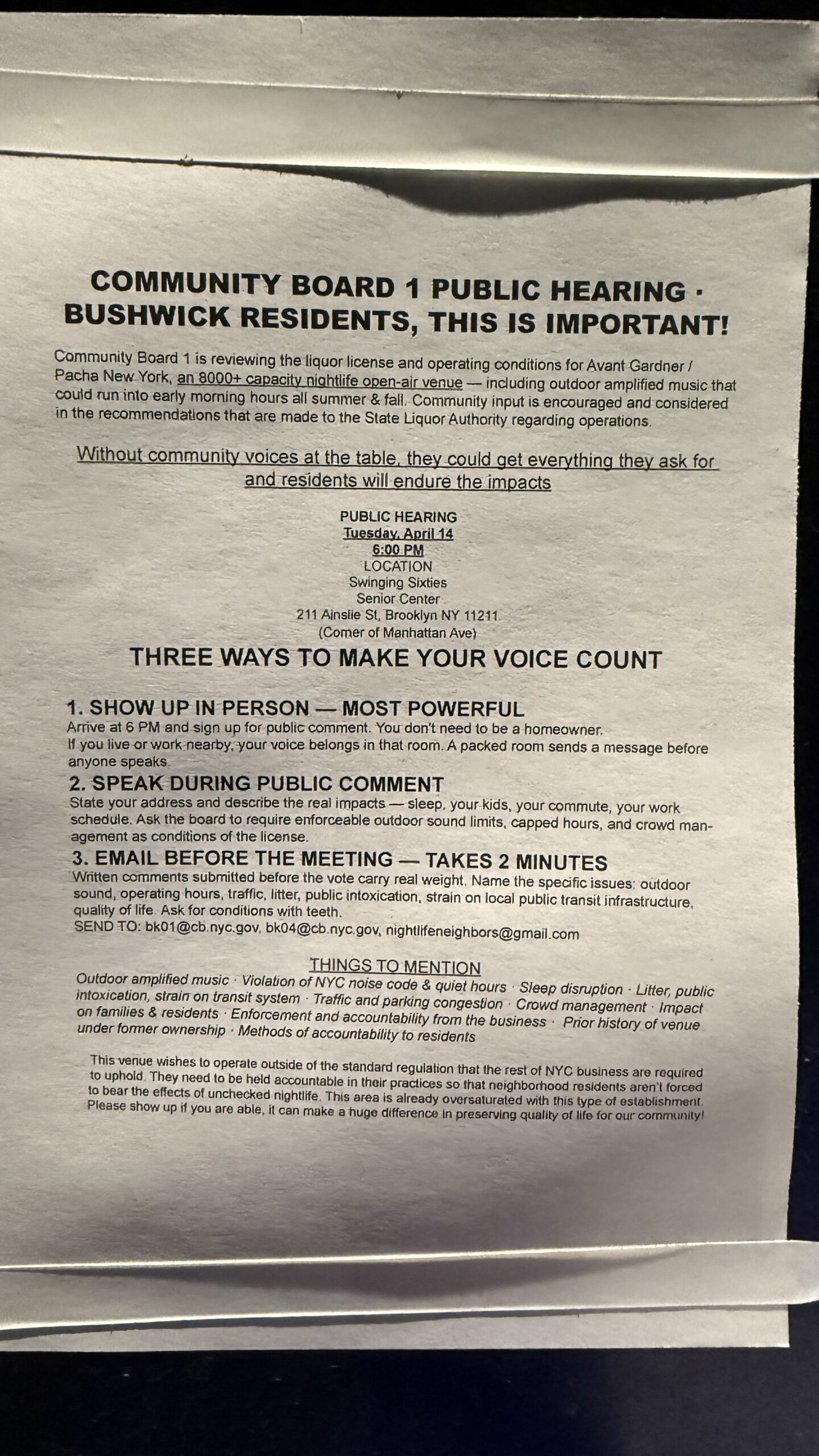 community flyer advertising the comment meeting at CB01  tonight
