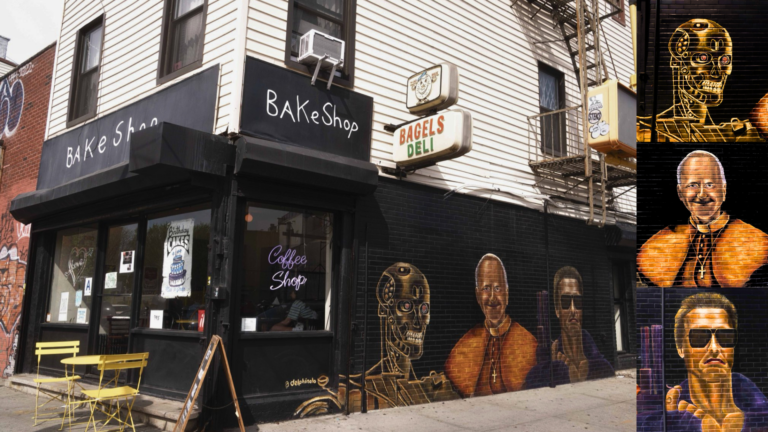 After Schwarzenegger’s Vatican climate speech, Bake Shop owner paints Pope Leo and the Terminator on Flushing Avenue