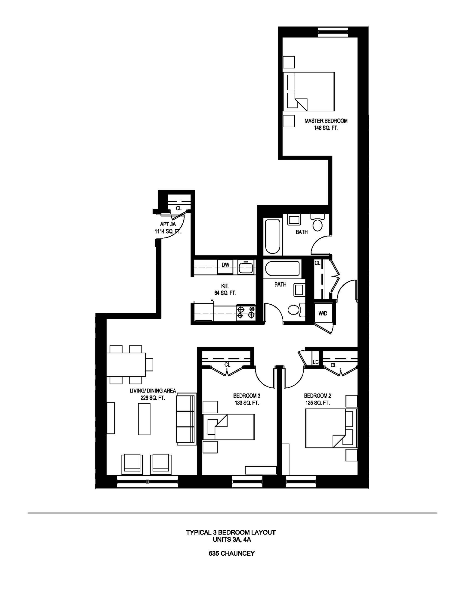 Floor plan of a typical three-bedroom apartment at 635 Chauncey Street, showing a master bedroom, two additional bedrooms, two baths, and a living and dining area.