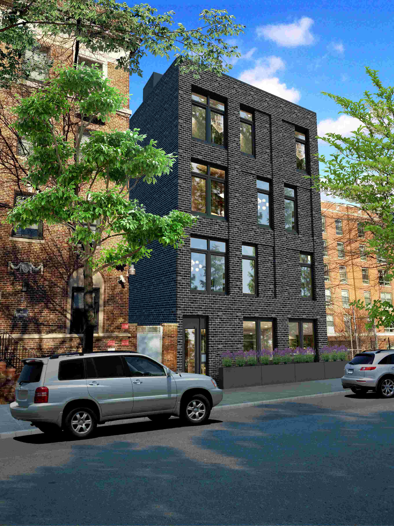 Rendering of the new four-story dark-brick co-op building at 635 Chauncey Street in Bushwick, from the Housing Connect lottery listing.