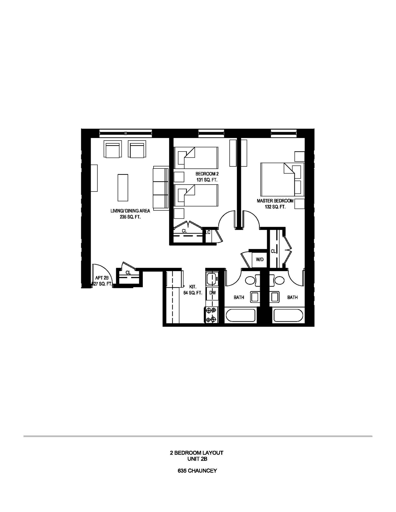 Floor plan of a two-bedroom apartment at 635 Chauncey Street, showing two bedrooms, two baths, and an open living and dining area.