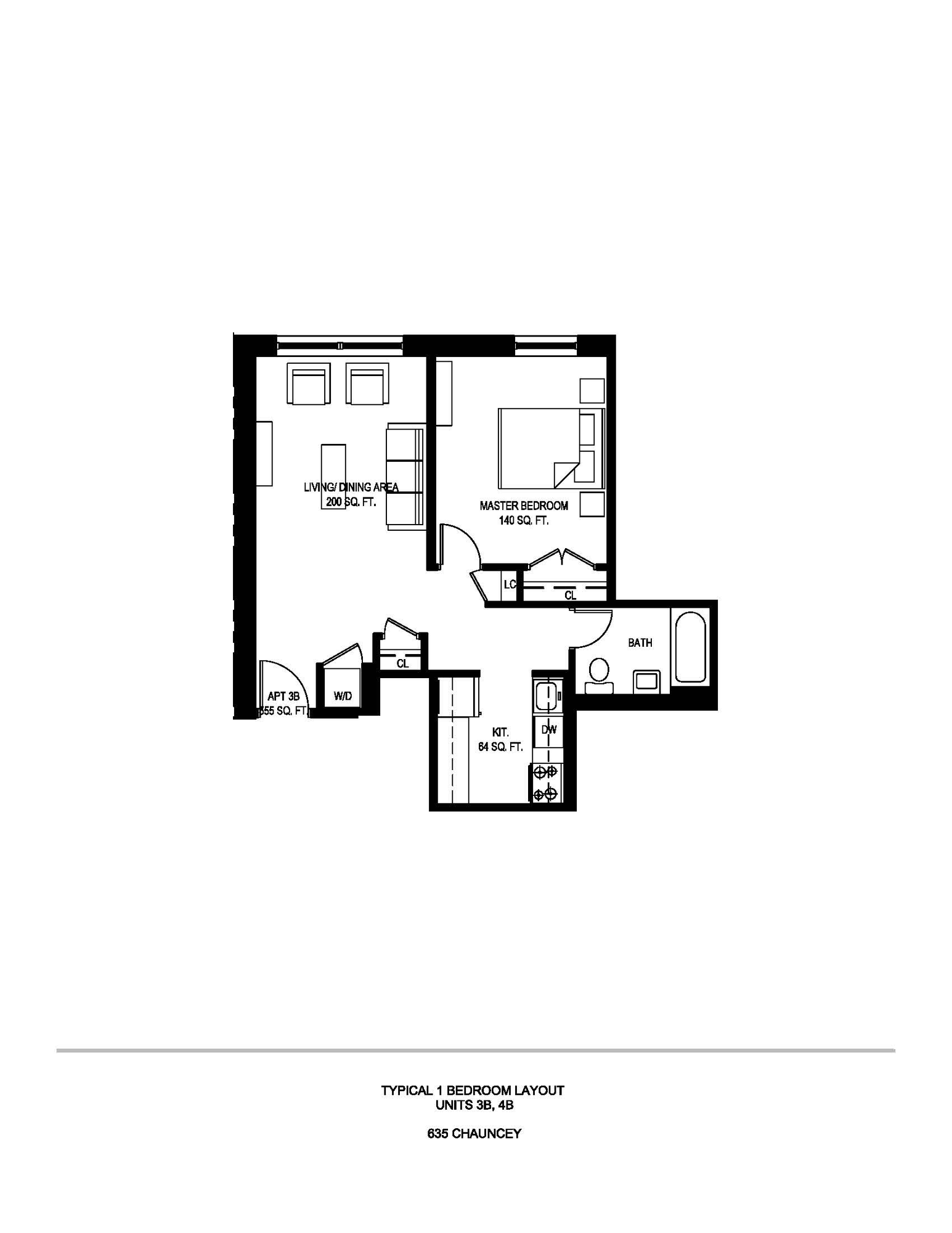 Floor plan of a typical one-bedroom apartment at 635 Chauncey Street, showing the living and dining area, bedroom, kitchen and bath.