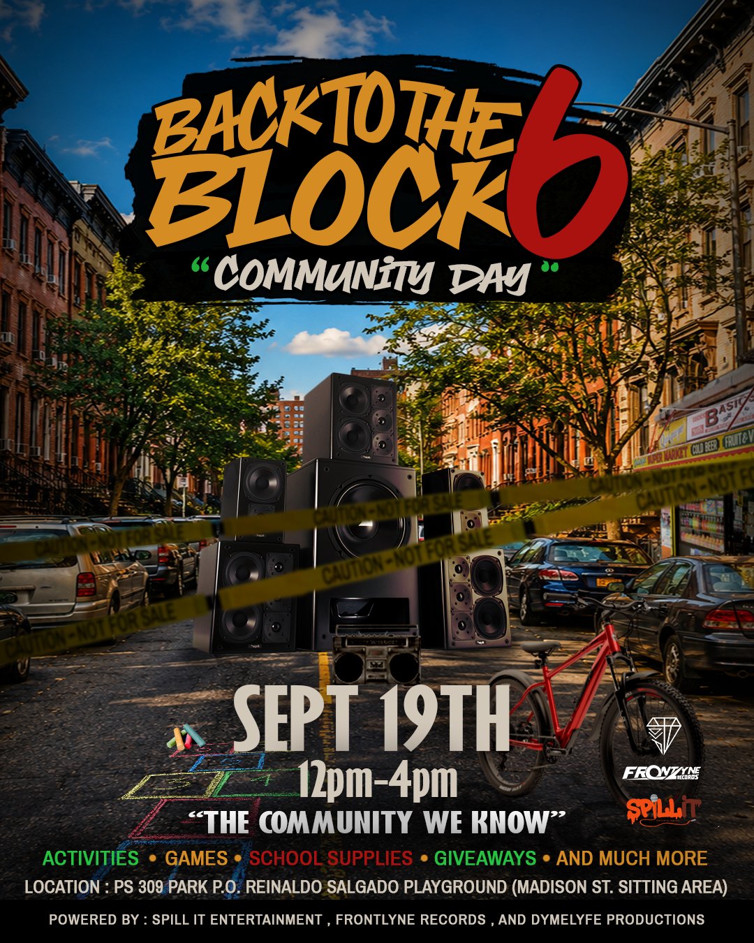 Flyer for Back to the Block 6 Community Day on September 19 at PS 309 Reinaldo Salgado Playground, listing activities, games, school supplies and giveaways.