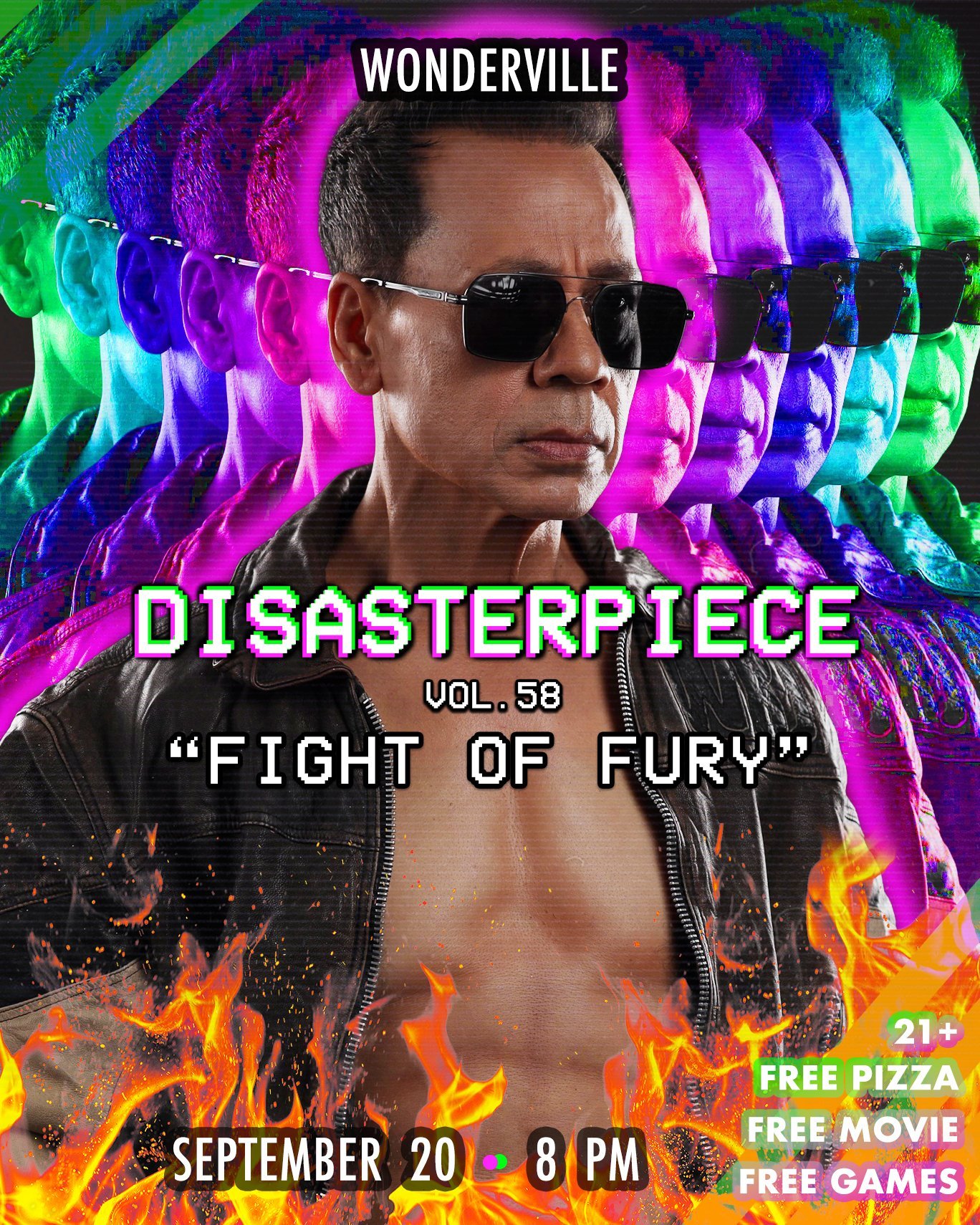 Neon flyer for Disasterpiece volume 58, Fight of Fury, at Wonderville on September 20 at 8 p.m., listing free pizza, free movie and free games.