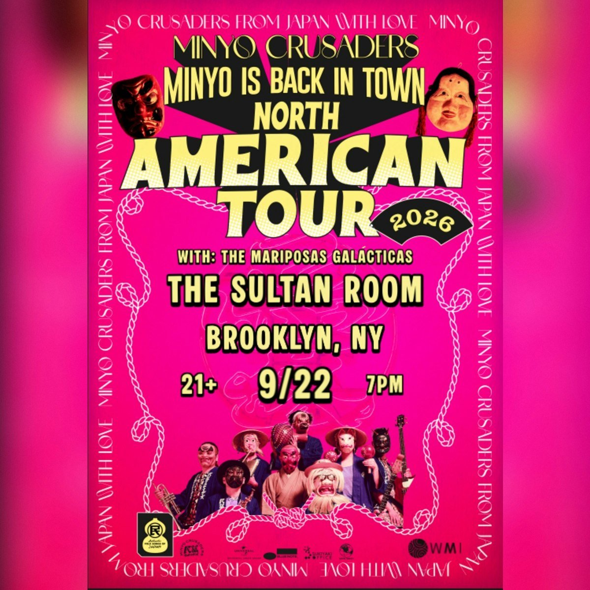 Hot pink tour flyer for Minyo Crusaders, Minyo Is Back In Town North American Tour 2026, with the Mariposas Galacticas at The Sultan Room Brooklyn, 21 plus, September 22, 7 p.m.