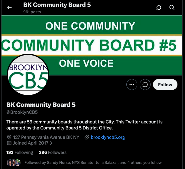 Community Board 5's X profile listing brooklyncb5.org as its website.