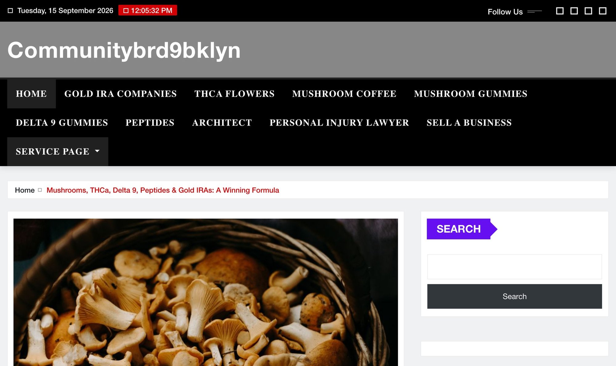 communitybrd9bklyn.org showing a site selling mushrooms, THCa, Delta 9 products, peptides and gold IRAs.