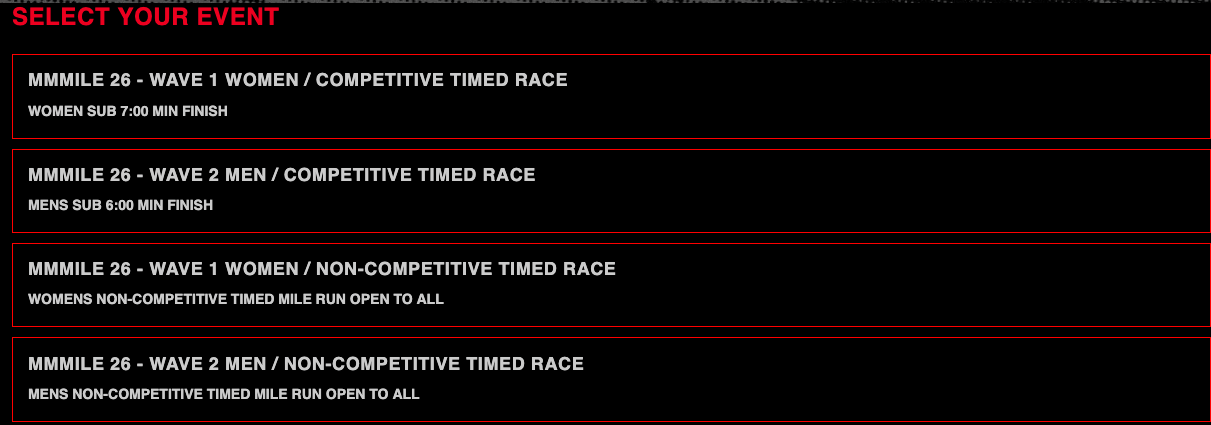 The four entries offered on the registration page: competitive and non-competitive timed races in the women's and men's waves