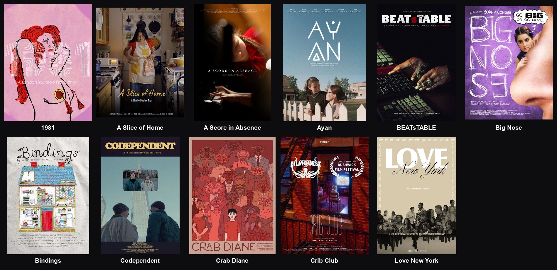Posters for the eleven New York-set or New York-produced films in the 2026 Bushwick Film Festival lineup, arranged in a grid with each title beneath its poster.