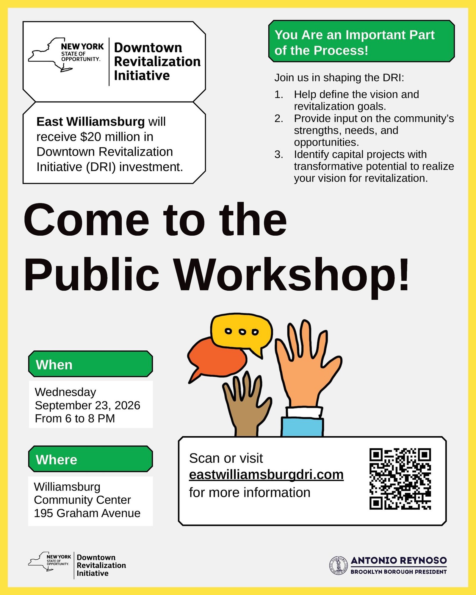 Flyer for the East Williamsburg Downtown Revitalization Initiative Public Workshop on Wednesday, Sept. 23, 2026, 6 to 8 p.m., at the Williamsburg Community Center, 195 Graham Avenue.