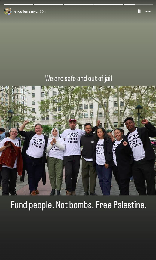 Instagram story posted by Council Member Jennifer Gutiérrez reading We are safe and out of jail, over a photo of protesters in Fund People Not Bombs T-shirts.