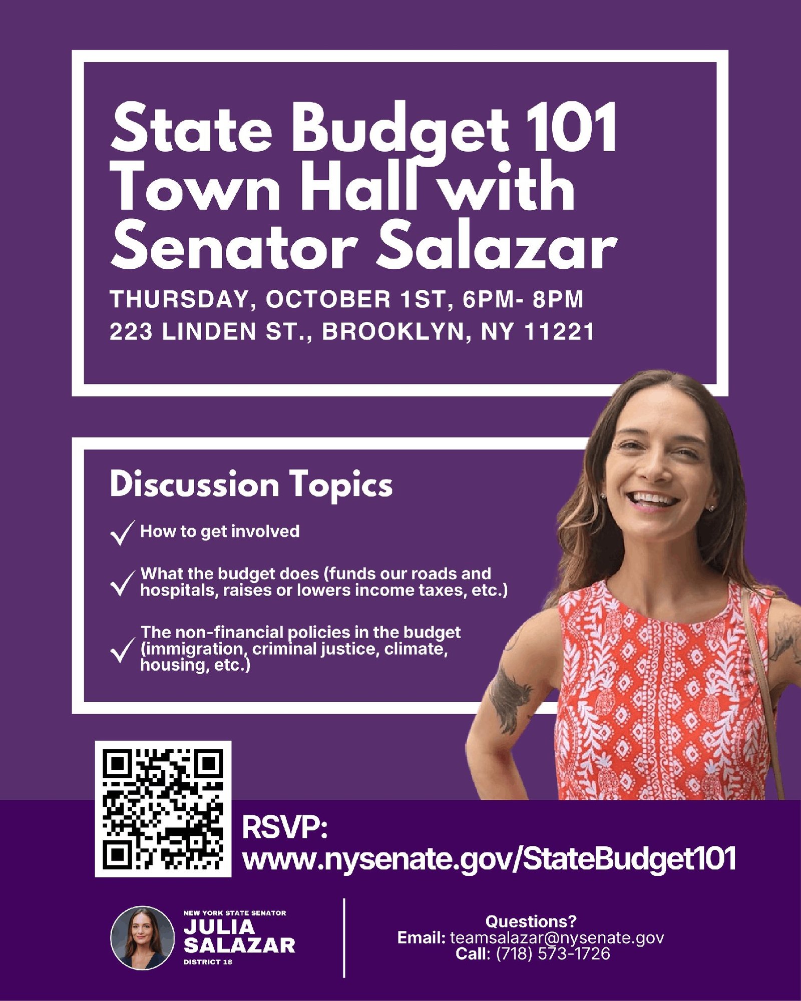 Purple flyer for the State Budget 101 Town Hall with Senator Salazar, Thursday, October 1, 6 to 8 p.m., 223 Linden St., Brooklyn, NY 11221, listing discussion topics and an RSVP link.
