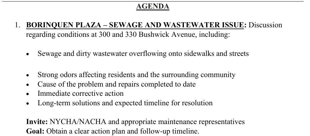 Item 1 of the Brooklyn Community Board 1 Housing and Public Housing Committee agenda: Borinquen Plaza sewage and wastewater issue at 300 and 330 Bushwick Avenue, with NYCHA invited.