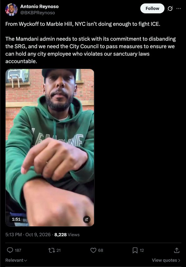 Antonio Reynoso's post on X about ICE and the SRG, with a video