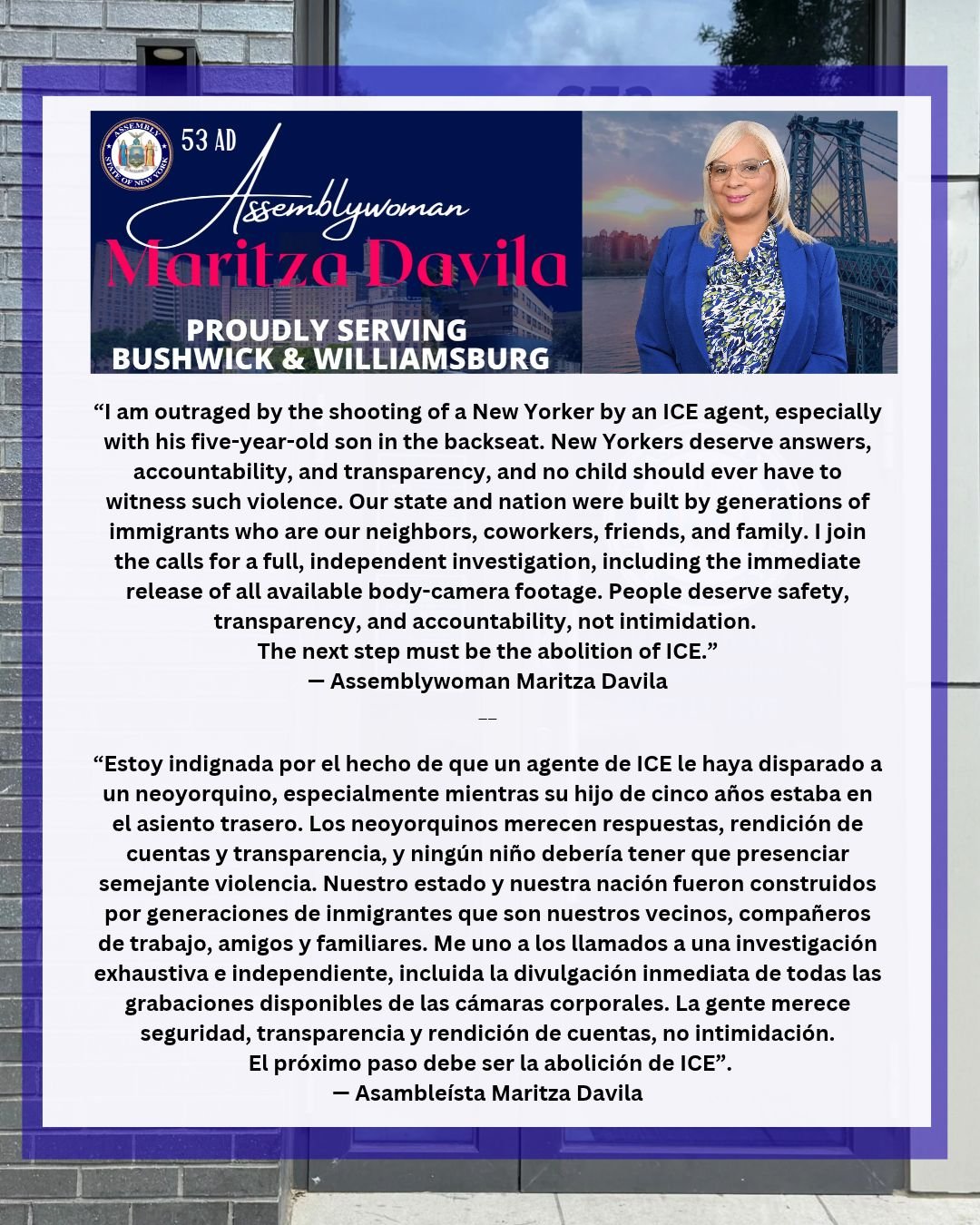 Assemblywoman Maritza Davila's statement graphic