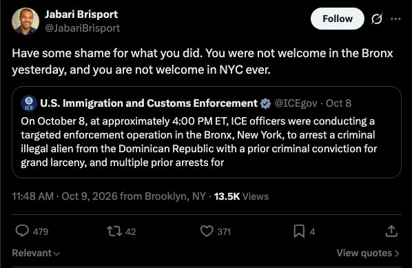 Jabari Brisport's reply quoting ICE's statement on X