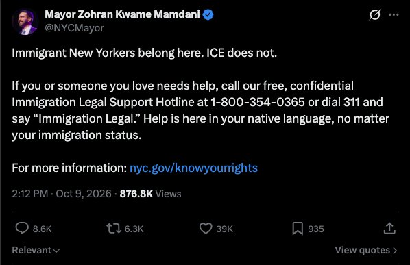Mayor Mamdani post on X